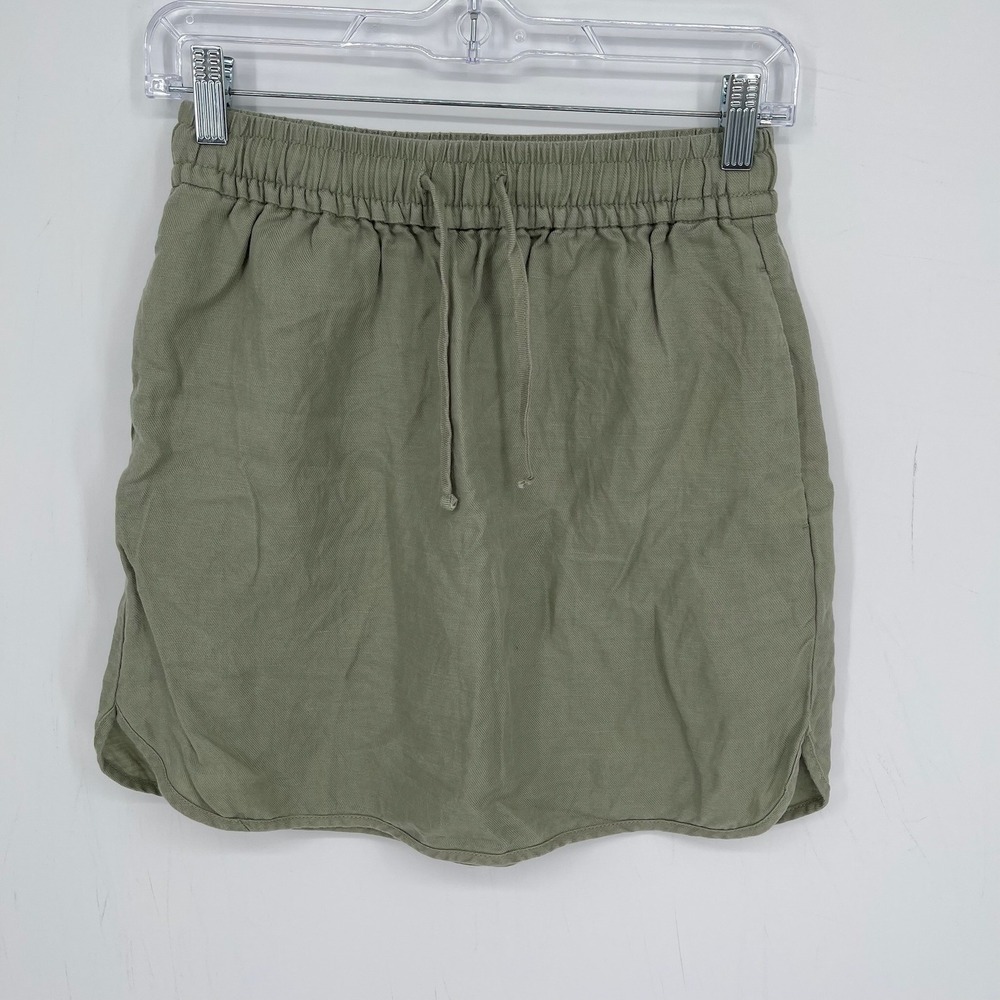 Madewell Women's Green Drawstring Linen Blend Curved Hem Mini Skirt Size XXS